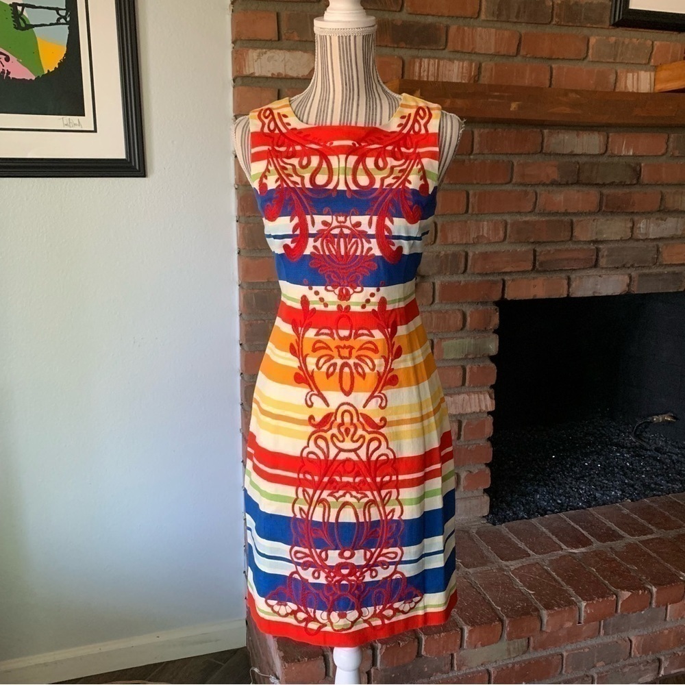 Anthropologie Banded Totem Striped Embroidered Sleeveless Shift Dress Sz 0 - Picture 2 of 9